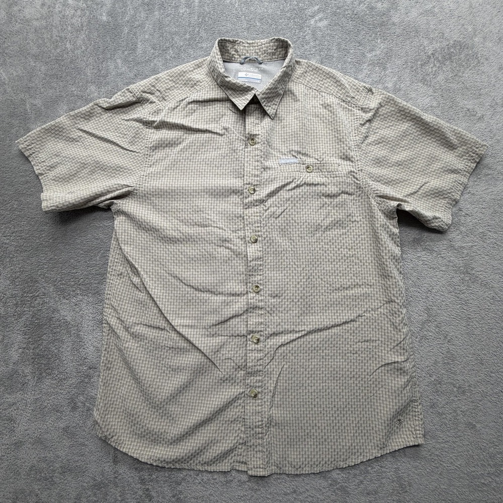 Columbia Shirt Mens Large Beige Check Omni-Shade Short Sleeve Button Up Outdoor